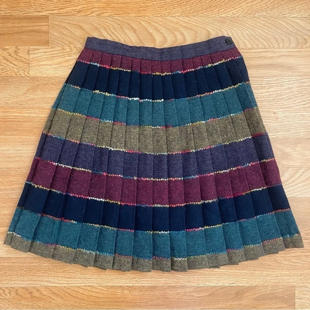 Vintage 80s Wool Tweed Rainbow Plaid Pleated Mini Skirt Size XS